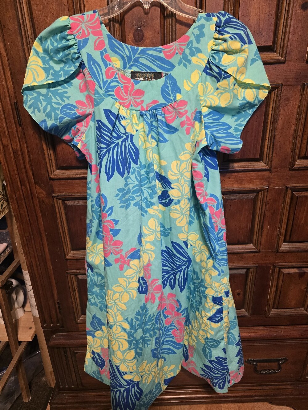 Hawaiian Reserve Collection Muumuu Turquoise Tropical Floral Puff Sleeve Medium